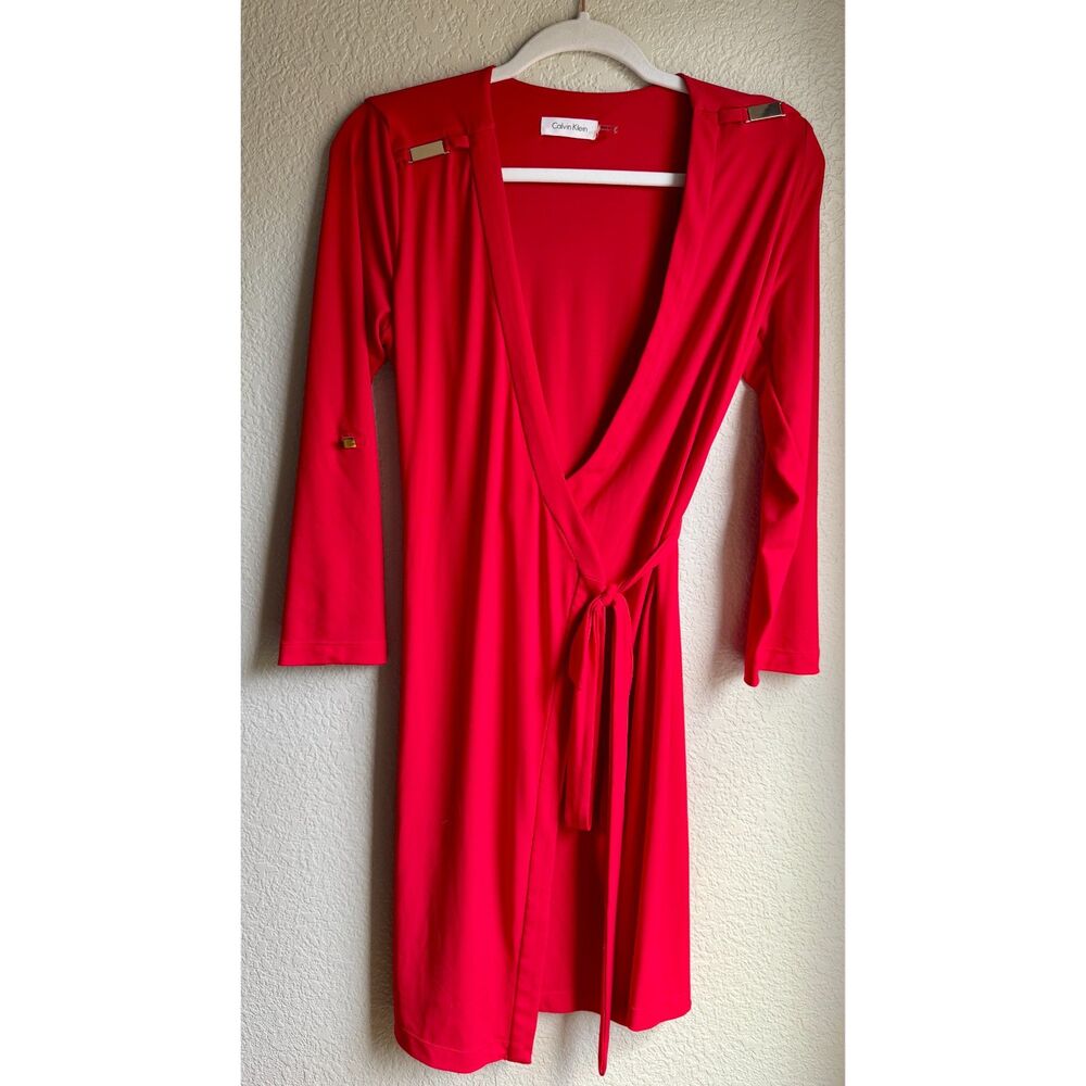 Calvin Klein Red Faux Wrap Dress Size 6 Tie Waist Gold Hardware Long Sleeve